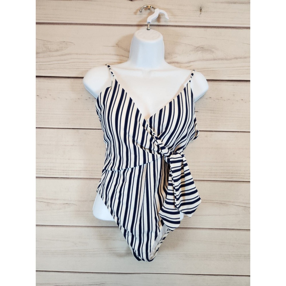 Molybell Womens Medium Navy Blue Striped‎ One Piece Swimsuit Side Tie Wrap Front